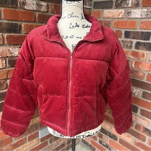 LA HEART RED CROPPED CORDUROY PUFFER JACKET